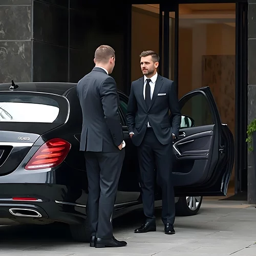 Chauffeur privé assistant un client devant un palace parisien avec un van Mercedes Classe V