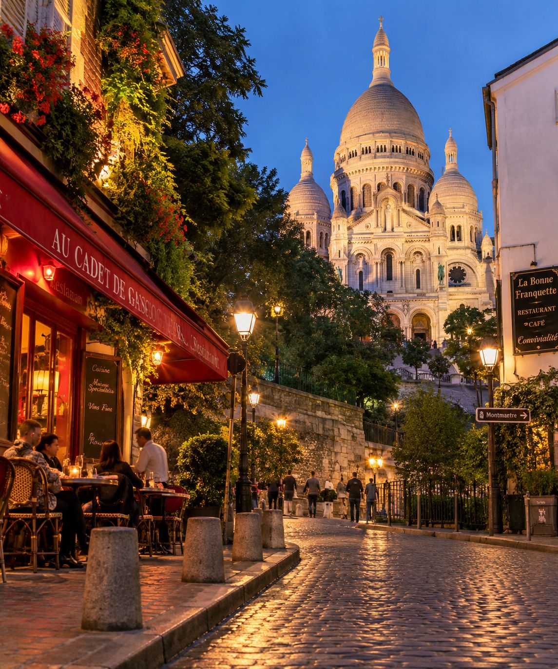 Private chauffeur vehicle traversing picturesque streets near Montmartre