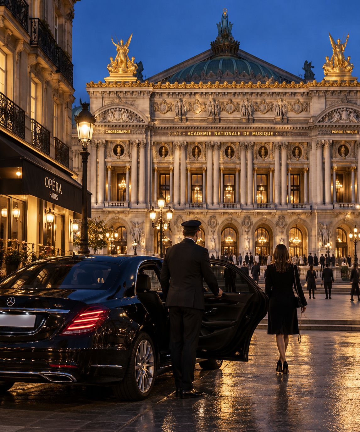Luxury transfer arriving at Opéra Garnier in Paris