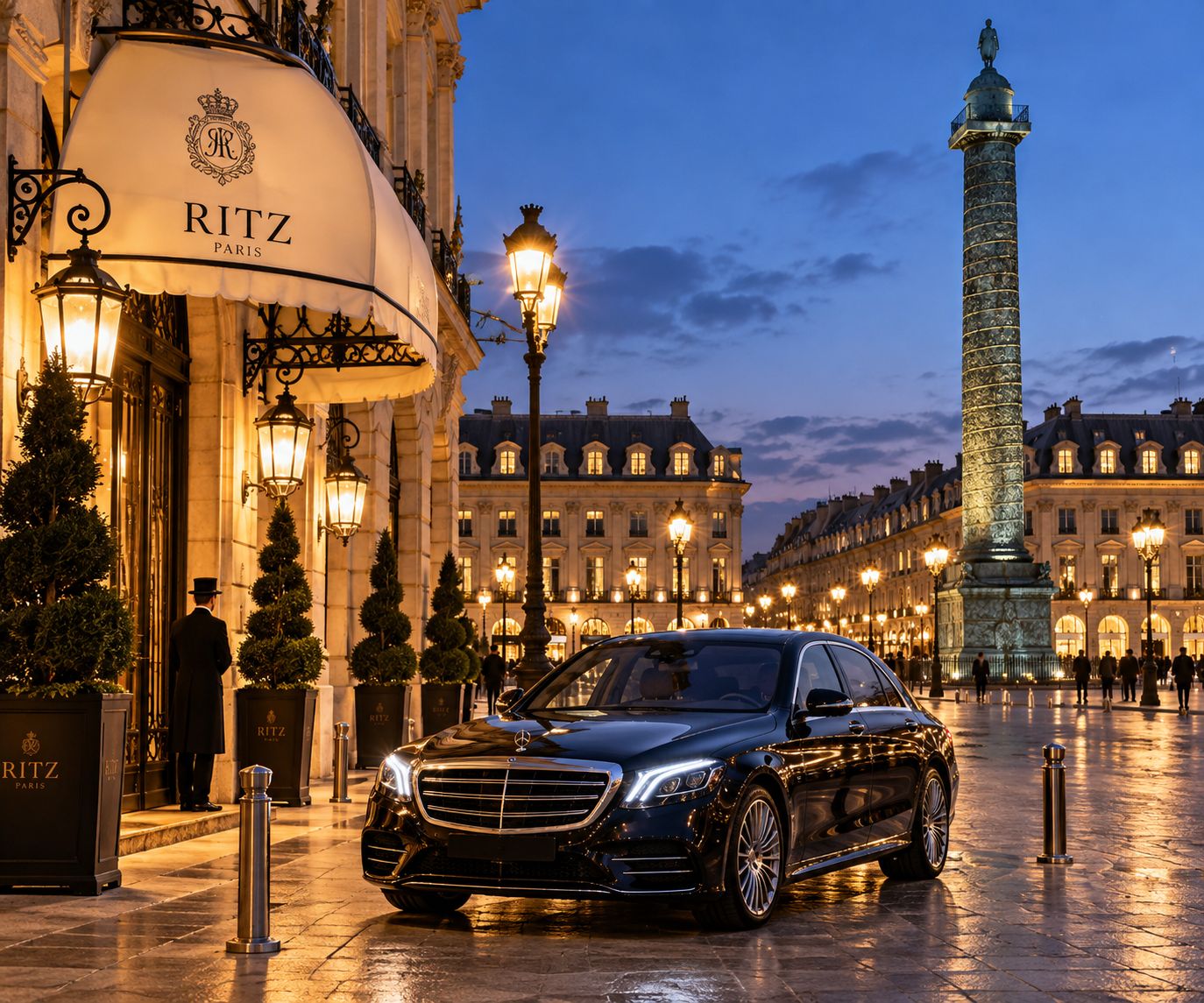 Chauffeur sedan at Place Vendôme luxury hotel entrance