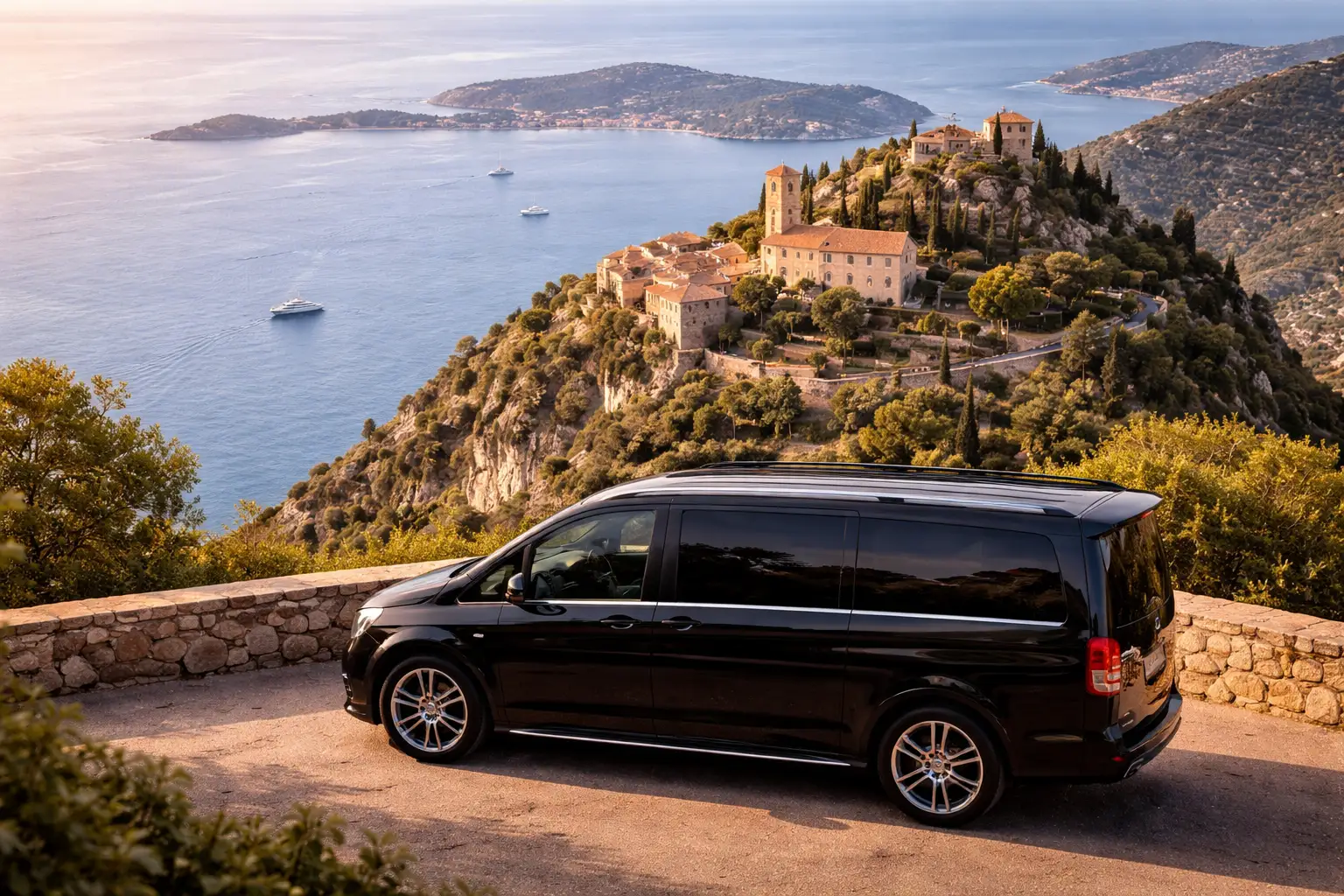 Van de luxe Mercedes avec chauffeur privé à Èze Village sur la Côte d'Azur, près de Monaco.
